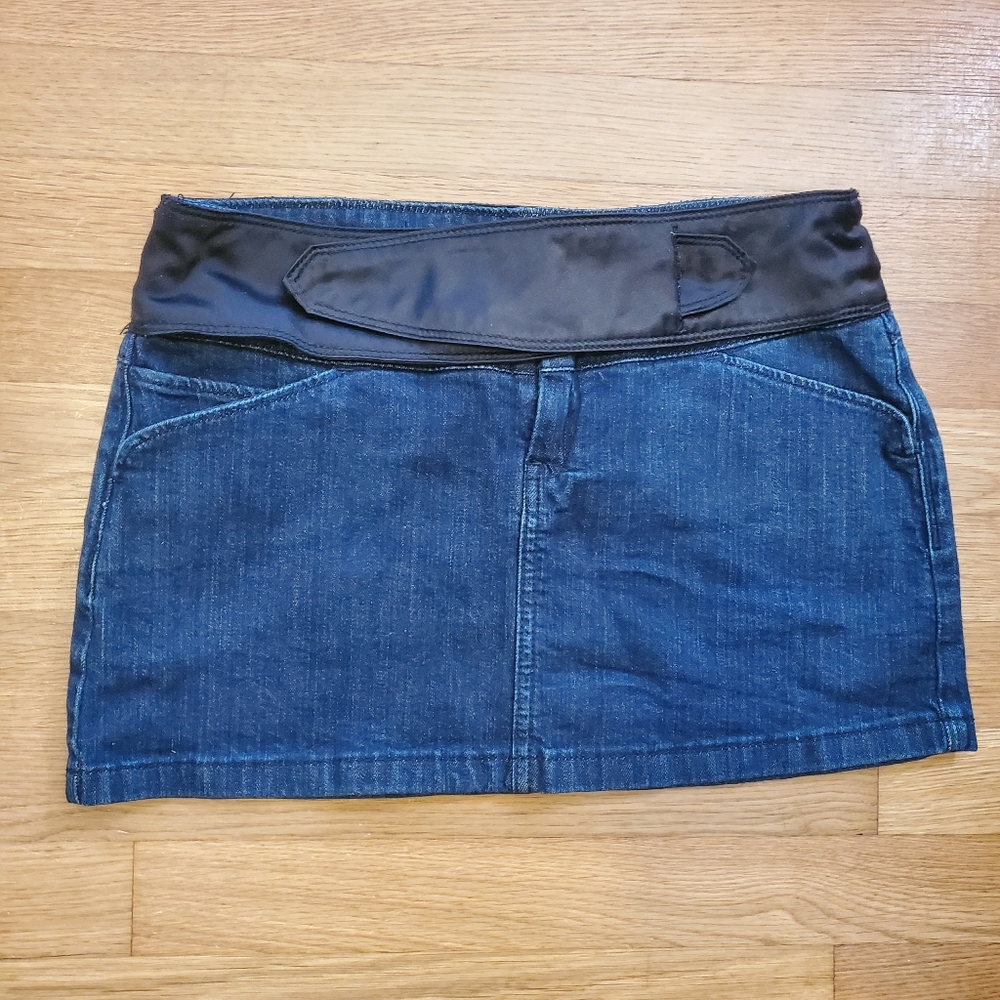 Dark denim mini skirt with black satin belt